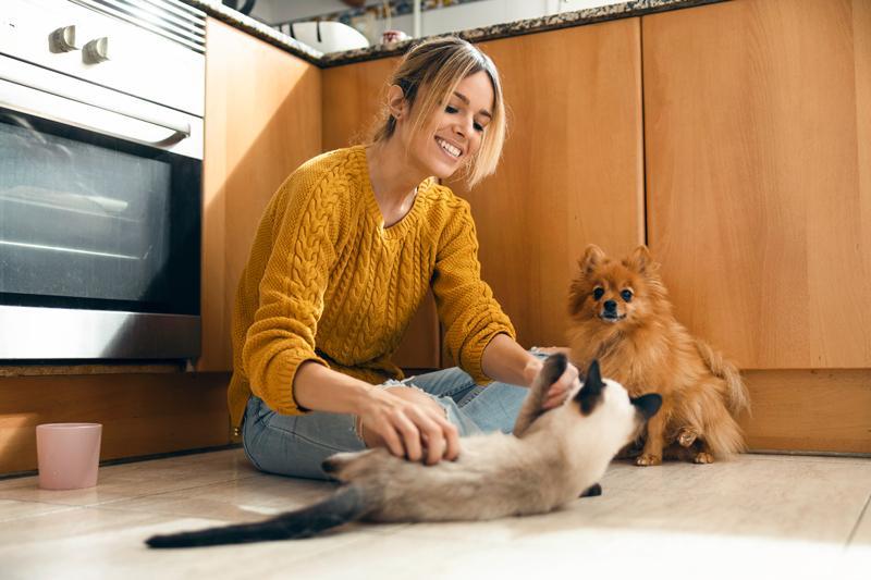 Donna che accarezza il cane in un appartamento